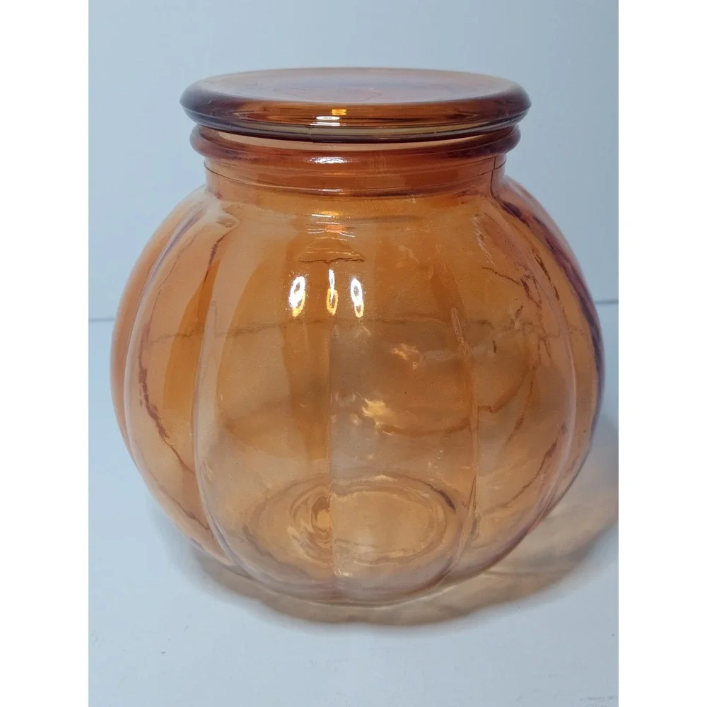 Amici Home Orange Glass Jack O Lantern Pumpkin Candy Jar Canister Lid 5.5